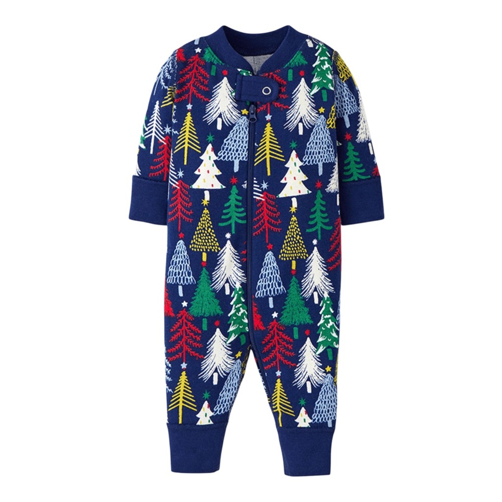 Hanna Andersson Twinkly Trees Navy Christmas Zip Onesie Pajamas 12-18 Cotton